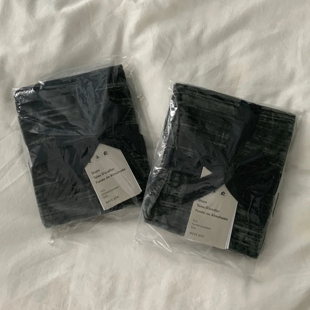 West Elm Crinkle Velvet Dark Moss Euro Shams